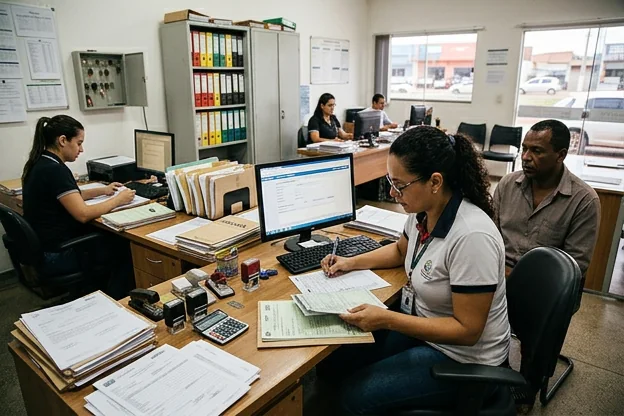 Despachantes organizando documentação de veículos em um ambiente profissional.