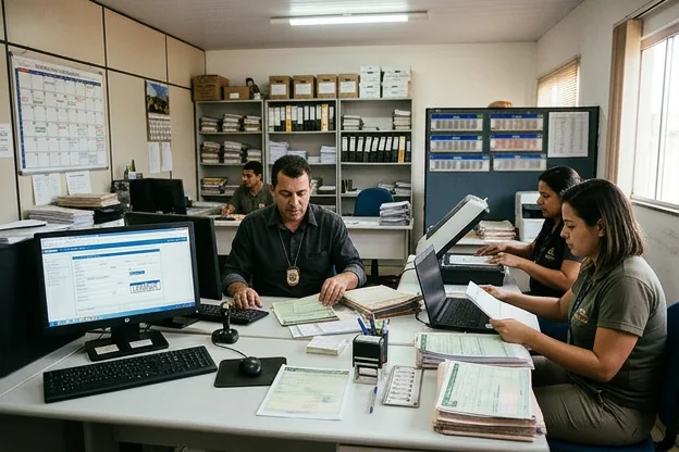 Equipe de despachantes trabalhando no licenciamento de veículos.