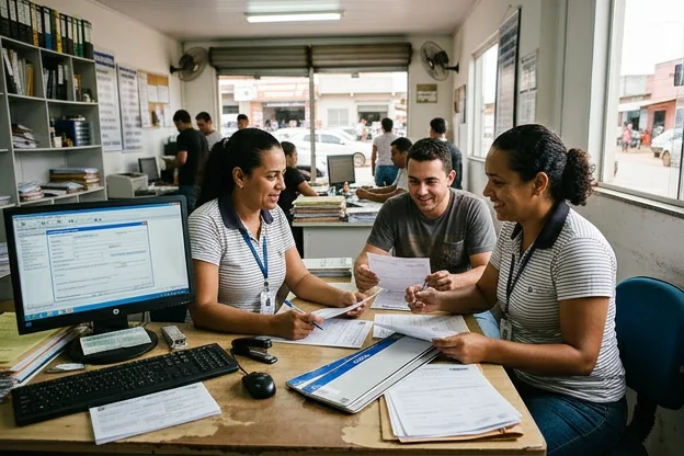 Profissional ajudando cliente no processo de emplacamento de veículo.