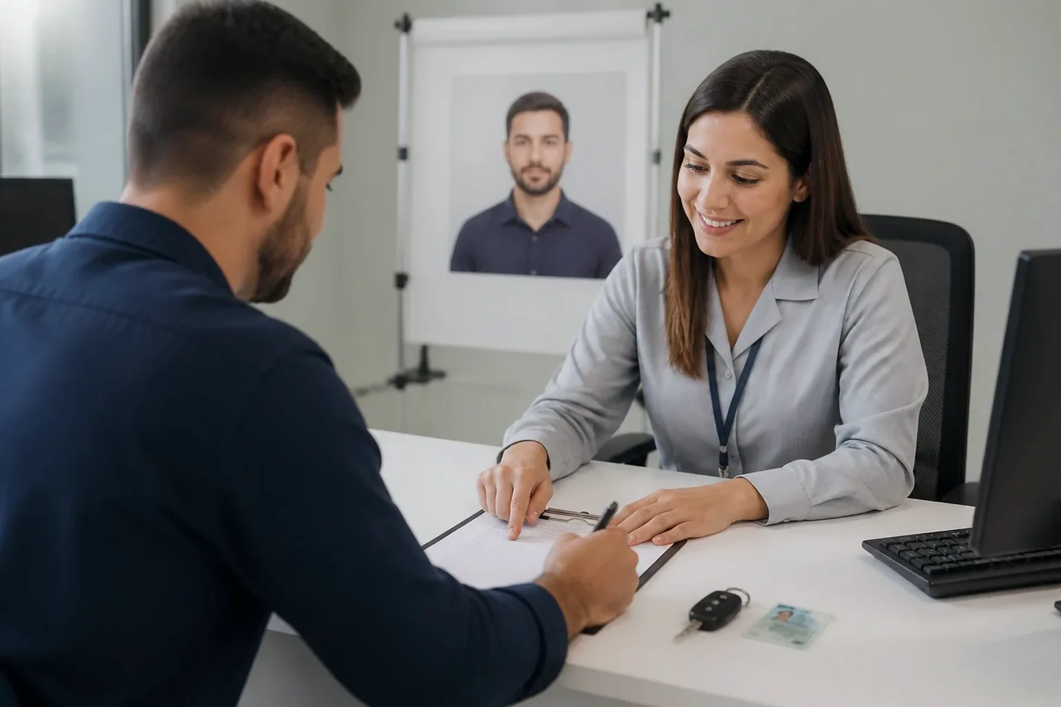 Profissional orientando cliente na renovação da CNH.